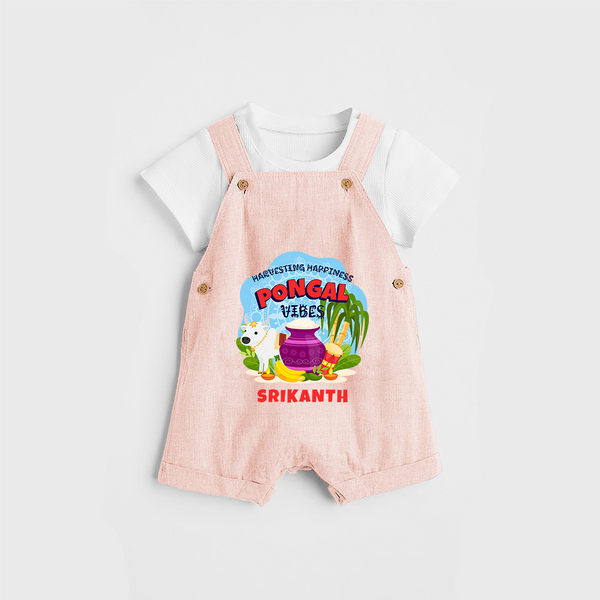 “Harvesting Happiness – Pongal Vibes”  | Personalized Kids Dungaree  - PEACH - 0 - 5 Months Old (Chest 18")