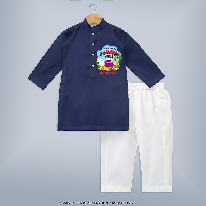 Harvesting Happiness Pongal Vibes - Customized Kurta Set For Kids - NAVY BLUE - 3 - 6 Months Old (Chest 24", Kurta Length 14'', Waist 19", Pant Length 14")