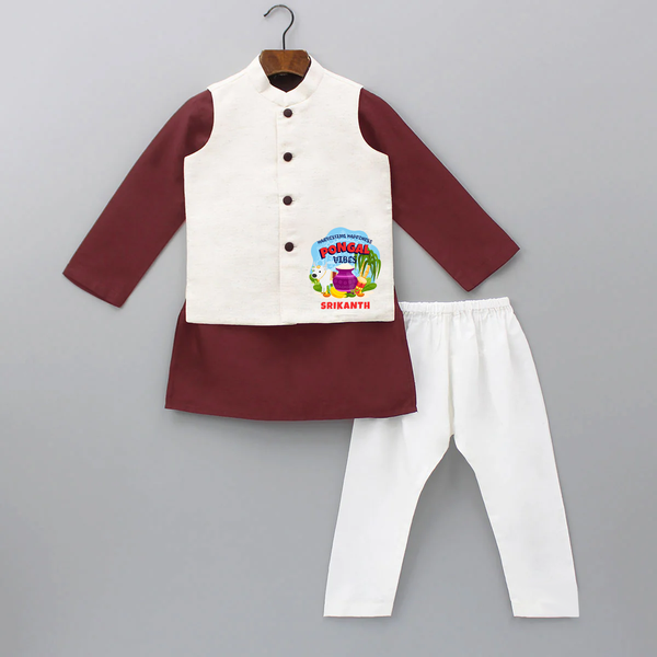 Harvesting Happiness Pongal Vibes - Customized Kurta WaistCoat For Kids - MAROON - 3 - 6 Months Old (Chest 24", Kurta Length 14'', Waist 19", Pant Length 14")