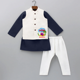 Harvesting Happiness Pongal Vibes - Customized Kurta WaistCoat For Kids - NAVY BLUE - 3 - 6 Months Old (Chest 24", Kurta Length 14'', Waist 19", Pant Length 14")