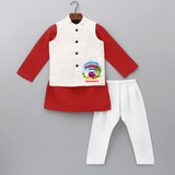 Harvesting Happiness Pongal Vibes - Customized Kurta WaistCoat For Kids - RED - 3 - 6 Months Old (Chest 24", Kurta Length 14'', Waist 19", Pant Length 14")