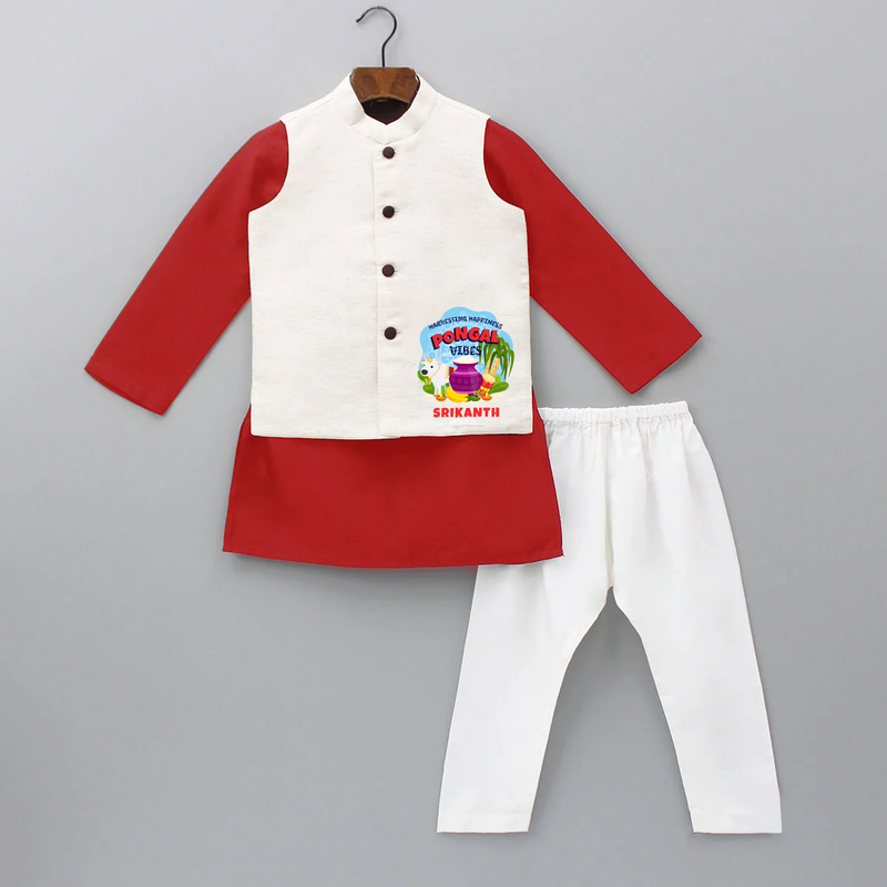 Harvesting Happiness Pongal Vibes - Customized Kurta WaistCoat For Kids - RED - 3 - 6 Months Old (Chest 24", Kurta Length 14'', Waist 19", Pant Length 14")