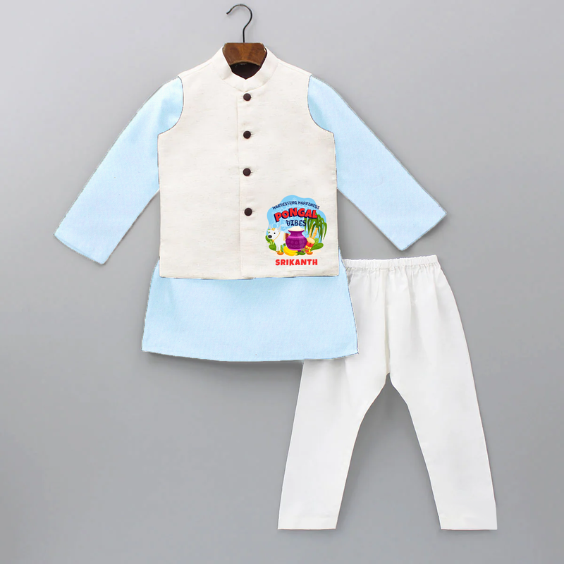 Harvesting Happiness Pongal Vibes - Customized Kurta WaistCoat For Kids - SKY BLUE - 3 - 6 Months Old (Chest 24", Kurta Length 14'', Waist 19", Pant Length 14")