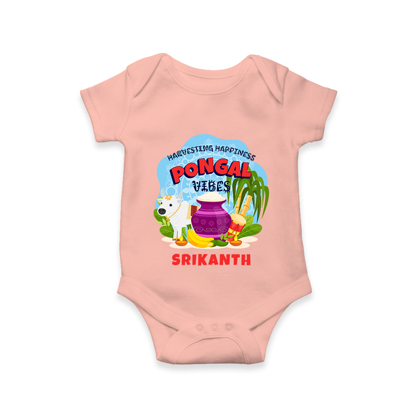 “Harvesting Happiness – Pongal Vibes”  | Personalized Kids Romper  - PEACH - New Born (Chest 14")