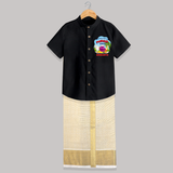 Harvesting Happiness Pongal Vibes - Customized Raw Silk Shirt And Dhoti For Kids - BLACK - 0 - 6 Months Old (Chest-23") (Dhoti length-14")