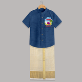 Harvesting Happiness Pongal Vibes - Customized Raw Silk Shirt And Dhoti For Kids - DEEP BLUE - 0 - 6 Months Old (Chest-23") (Dhoti length-14")