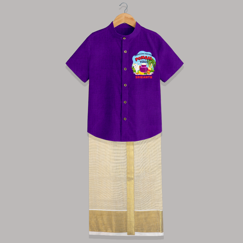 Harvesting Happiness Pongal Vibes - Customized Raw Silk Shirt And Dhoti For Kids - PURPLE LUXE - 0 - 6 Months Old (Chest-23") (Dhoti length-14")