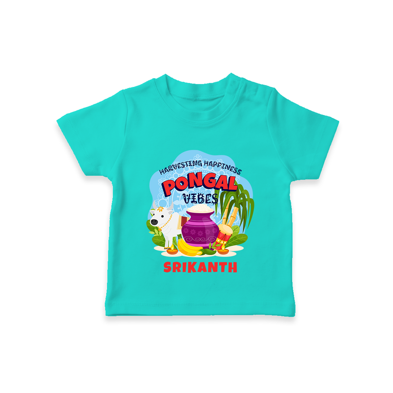 Harvesting Happiness Pongal Vibes - Customized T-Shirt For Kids - TEAL - 0-5 Months Old (Chest 17")