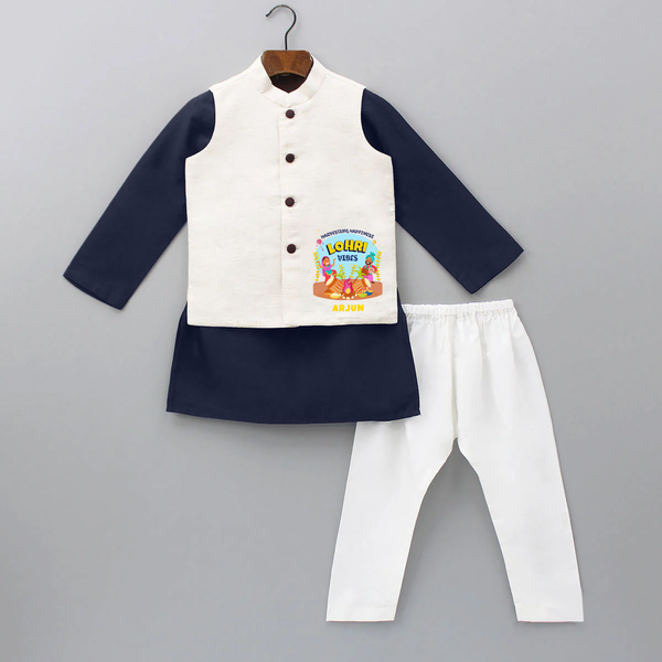 Harvesting Happiness Lohri Vibes - Customized Kurta WaistCoat For Kids - NAVY BLUE - 3 - 6 Months Old (Chest 24", Kurta Length 14'', Waist 19", Pant Length 14")