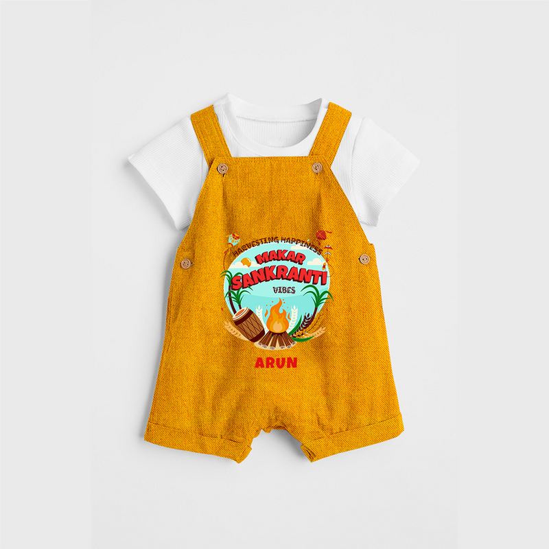 Harvesting Happiness Makar Sankranti Vibes - Customized Dungaree Set For Kids - CHROME YELLOW - 0 - 5 Months Old (Chest 18")