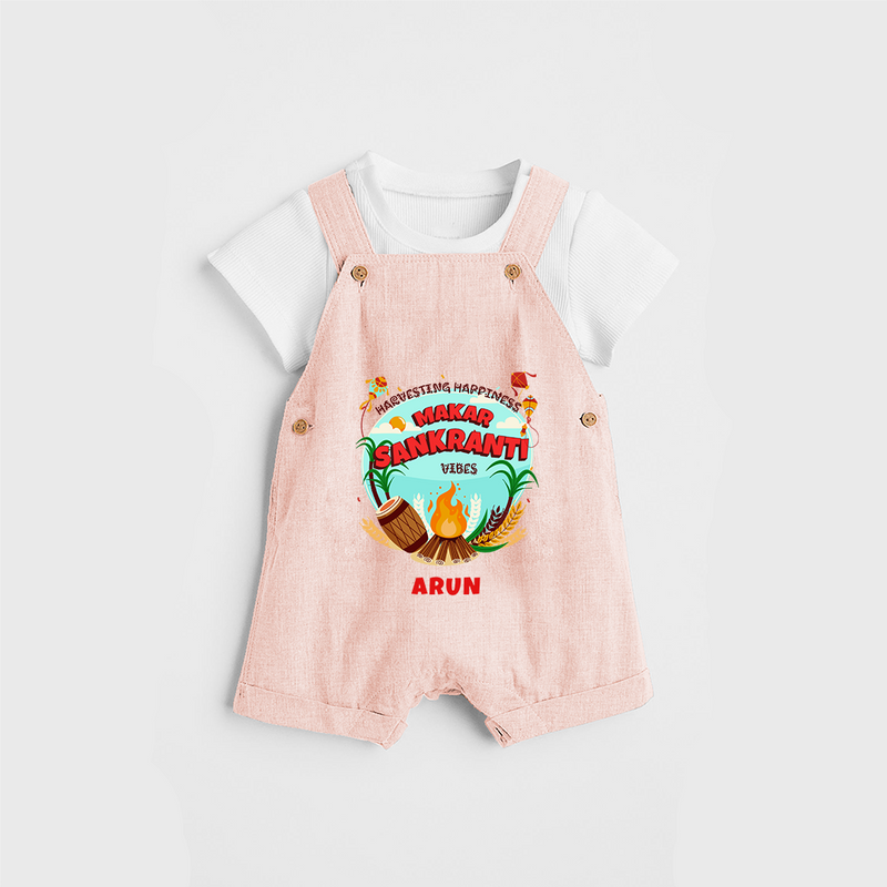 Harvesting Happiness Makar Sankranti Vibes - Customized Dungaree Set For Kids - PEACH - 0 - 5 Months Old (Chest 18")