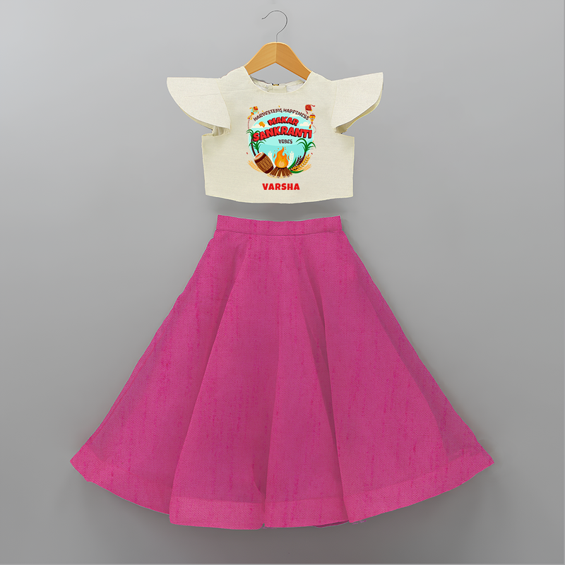 Harvesting Happiness Makar Sankranti Vibes - Customized Crop Top And Skirt For Kids - FUSCHIA - 6 - 9 Months Old (Chest 20" , Frock Waist 20")