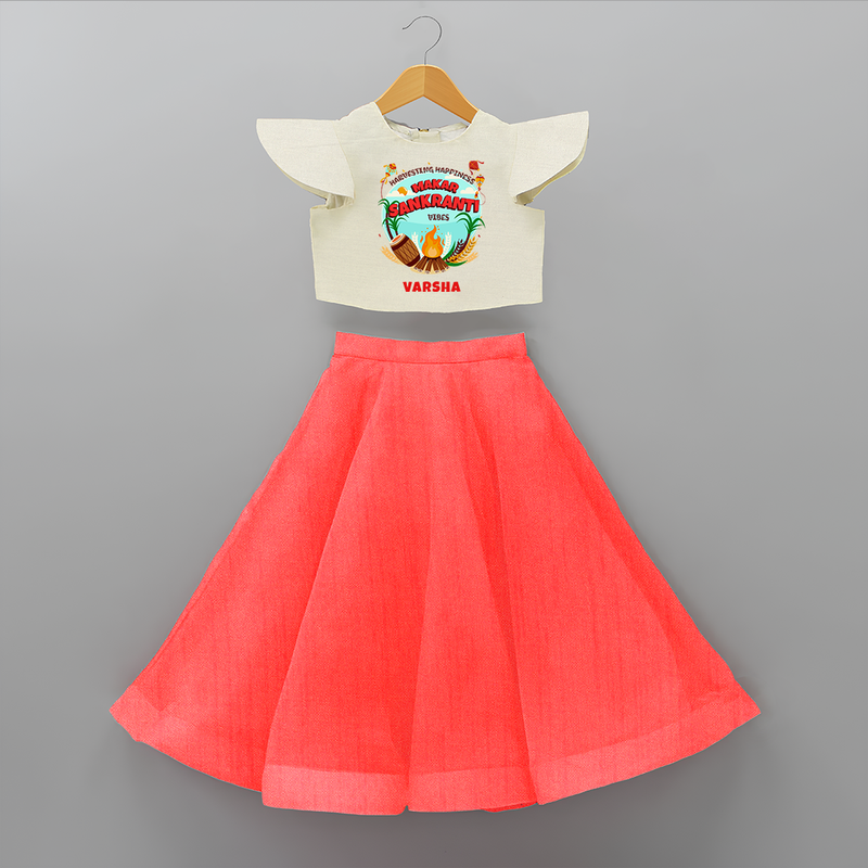 Harvesting Happiness Makar Sankranti Vibes - Customized Crop Top And Skirt For Kids - RED - 6 - 9 Months Old (Chest 20" , Frock Waist 20")