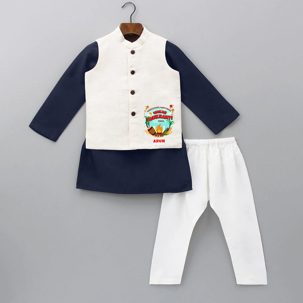 Harvesting Happiness Makar Sankranti Vibes - Customized Kurta WaistCoat For Kids - NAVY BLUE - 3 - 6 Months Old (Chest 24", Kurta Length 14'', Waist 19", Pant Length 14")