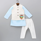 Harvesting Happiness Makar Sankranti Vibes - Customized Kurta WaistCoat For Kids - SKY BLUE - 3 - 6 Months Old (Chest 24", Kurta Length 14'', Waist 19", Pant Length 14")