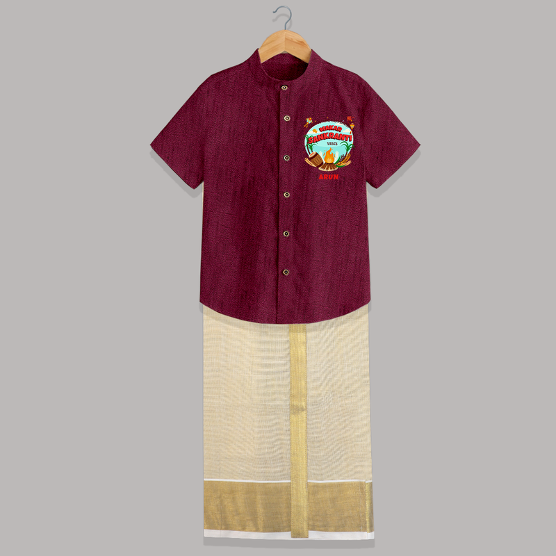 Harvesting Happiness Makar Sankranti Vibes - Customized Raw Silk Shirt And Dhoti For Kids - WINE - 0 - 6 Months Old (Chest-23") (Dhoti length-14")