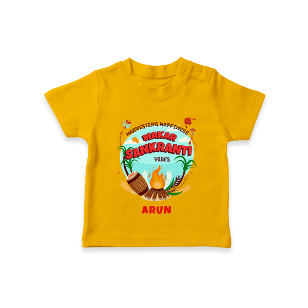 Harvesting Happiness Makar Sankranti Vibes - Customized T-Shirt For Kids - CHROME YELLOW - 0-5 Months Old (Chest 17")