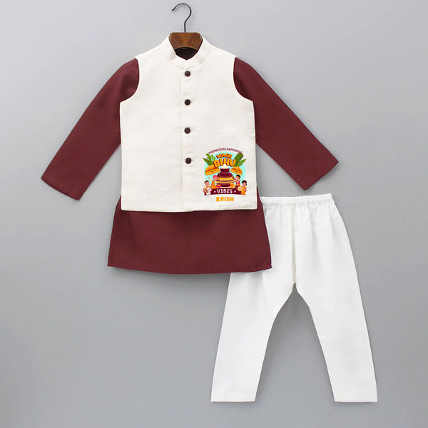 Harvesting Happiness Magh Bihu Vibes - Customized Kurta WaistCoat For Kids - MAROON - 3 - 6 Months Old (Chest 24", Kurta Length 14'', Waist 19", Pant Length 14")