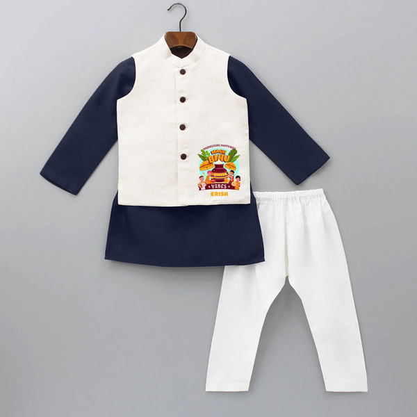 Harvesting Happiness Magh Bihu Vibes - Customized Kurta WaistCoat For Kids - NAVY BLUE - 3 - 6 Months Old (Chest 24", Kurta Length 14'', Waist 19", Pant Length 14")