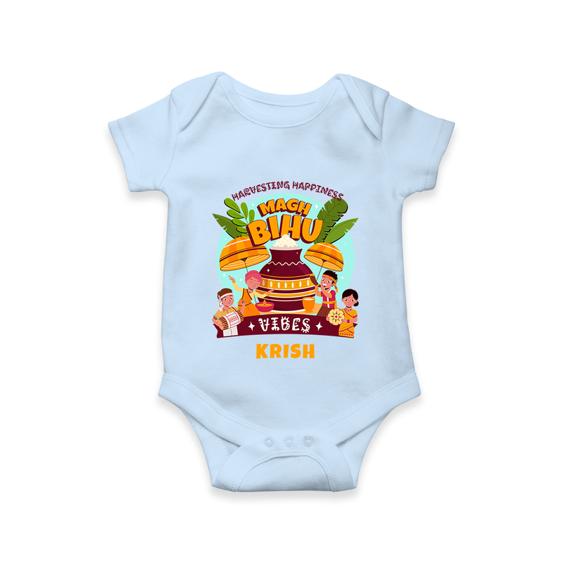 Harvesting Happiness Magh Bihu Vibes - Customized Romper For Babies - BABY BLUE - 0 - 3 Months Old (Chest 16")