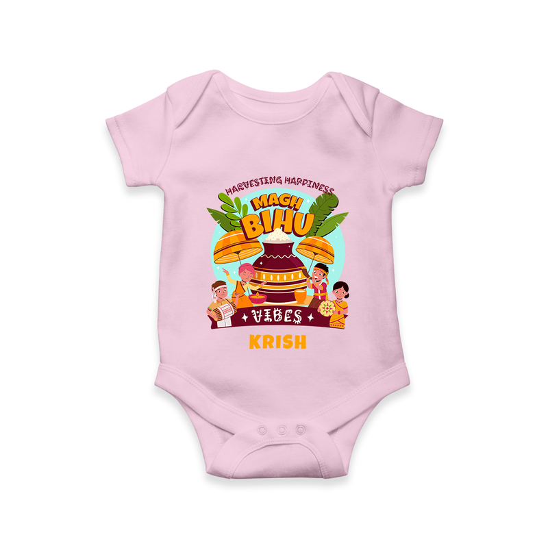 Harvesting Happiness Magh Bihu Vibes - Customized Romper For Babies - BABY PINK - 0 - 3 Months Old (Chest 16")