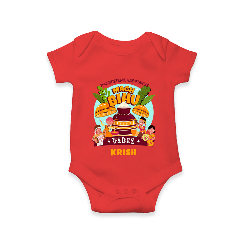 Harvesting Happiness Magh Bihu Vibes - Customized Romper For Babies - RED - 0 - 3 Months Old (Chest 16")