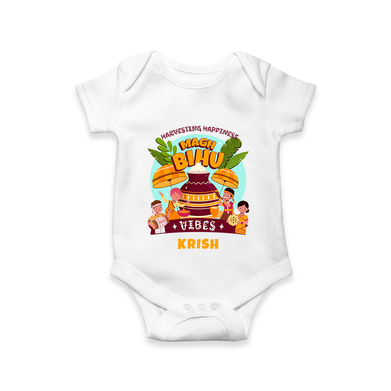 Harvesting Happiness Magh Bihu Vibes - Customized Romper For Babies - WHITE - 0 - 3 Months Old (Chest 16")