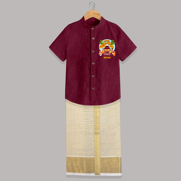 Harvesting Happiness Magh Bihu Vibes - Customized Raw Silk Shirt And Dhoti For Kids - WINE - 0 - 6 Months Old (Chest-23") (Dhoti length-14")