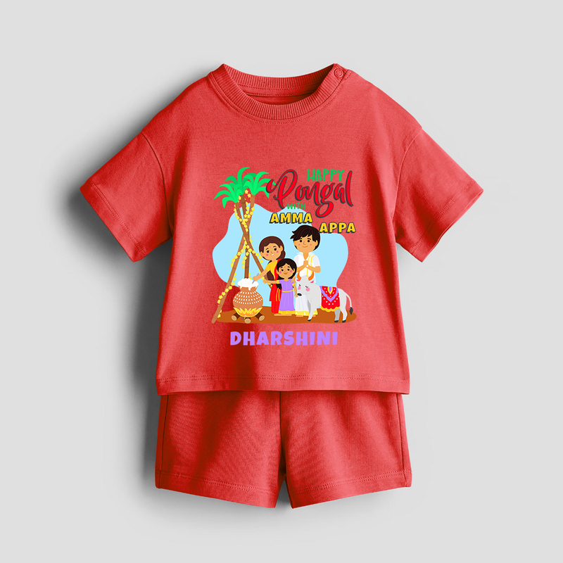 Happy Pongal With Amma Appa - Customized Co-ord Set For Kids - RED - 1-2 Years Old (Chest 22")