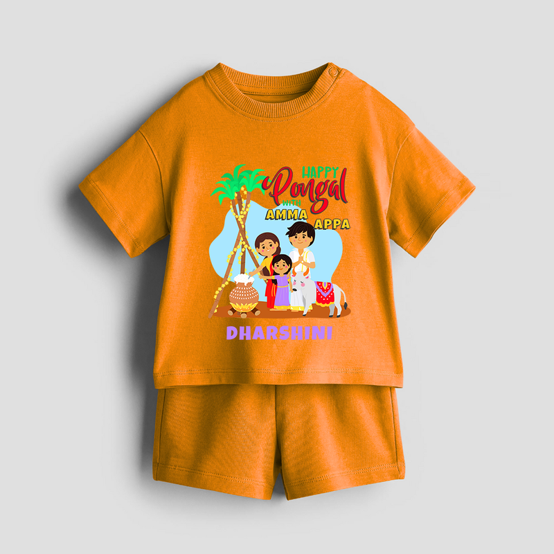 Happy Pongal With Amma Appa - Customized Co-ord Set For Kids - TANGERINE - 1-2 Years Old (Chest 22")