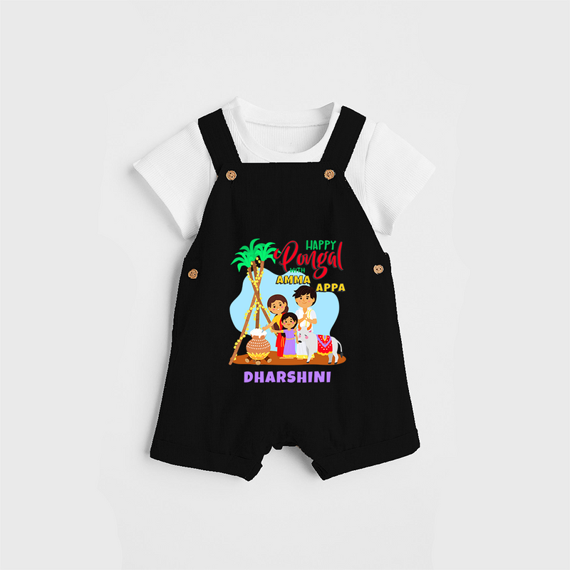 Happy Pongal With Amma Appa - Customized Dungaree Set For Kids - BLACK - 0 - 5 Months Old (Chest 18")