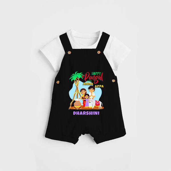“Happy Pongal with Amma Appa” Family Illustration | Personalized Kids Dungaree  - BLACK - 0 - 5 Months Old (Chest 18")
