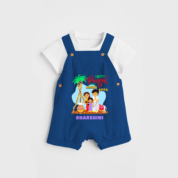 “Happy Pongal with Amma Appa” Family Illustration | Personalized Kids Dungaree  - COBALT BLUE - 0 - 5 Months Old (Chest 18")