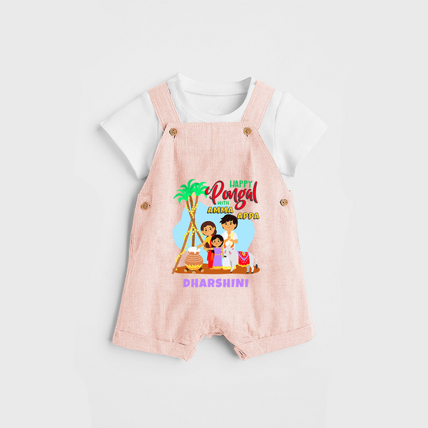 “Happy Pongal with Amma Appa” Family Illustration | Personalized Kids Dungaree  - PEACH - 0 - 5 Months Old (Chest 18")