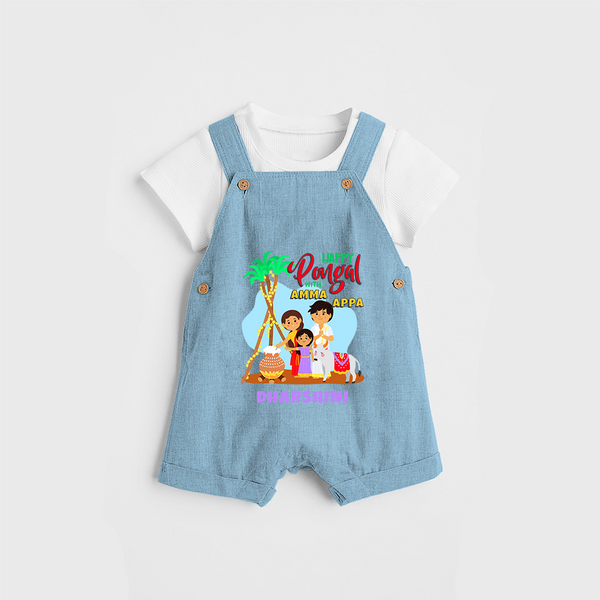 Happy Pongal With Amma Appa - Customized Dungaree Set For Kids - SKY BLUE - 0 - 5 Months Old (Chest 18")