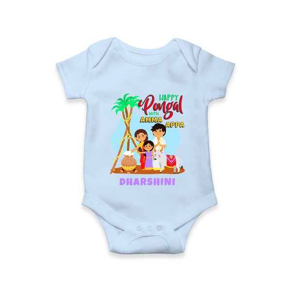 “Happy Pongal with Amma Appa” Family Illustration | Personalized Kids Romper  - BABY BLUE - New Born (Chest 14")