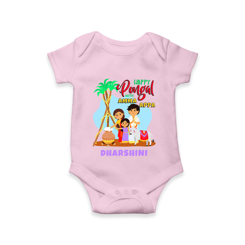 Happy Pongal With Amma Appa - Customized Romper For Babies - BABY PINK - 0 - 3 Months Old (Chest 16")