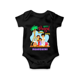 “Happy Pongal with Amma Appa” Family Illustration | Personalized Kids Romper  - BLACK - New Born (Chest 14")