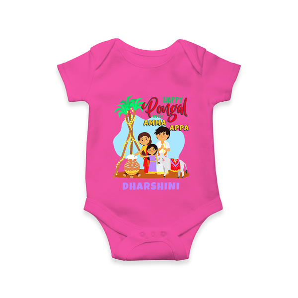 “Happy Pongal with Amma Appa” Family Illustration | Personalized Kids Romper  - HOT PINK - New Born (Chest 14")