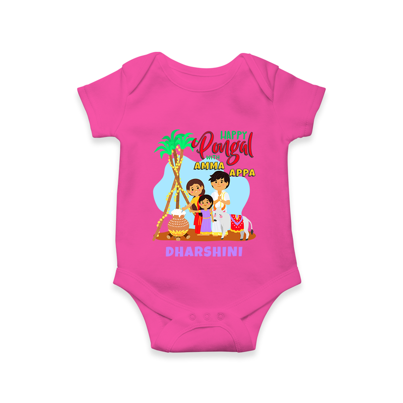 Happy Pongal With Amma Appa - Customized Romper For Babies - HOT PINK - 0 - 3 Months Old (Chest 16")