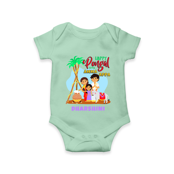 “Happy Pongal with Amma Appa” Family Illustration | Personalized Kids Romper  - MINT GREEN - New Born (Chest 14")
