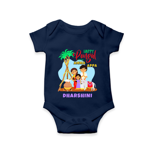 “Happy Pongal with Amma Appa” Family Illustration | Personalized Kids Romper  - NAVY BLUE - New Born (Chest 14")
