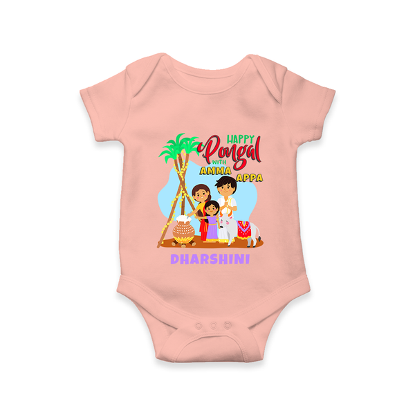 “Happy Pongal with Amma Appa” Family Illustration | Personalized Kids Romper  - PEACH - New Born (Chest 14")