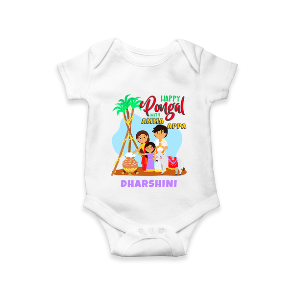 Happy Pongal With Amma Appa - Customized Romper For Babies - WHITE - 0 - 3 Months Old (Chest 16")