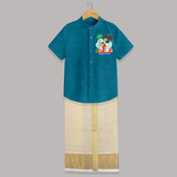 “Happy Pongal with Amma Appa” Family Illustration | Personalized Kids Shirt & Dhoti  - PEACOCK BLUE - 0 - 6 Months Old (Chest-23") (Dhoti length-14")