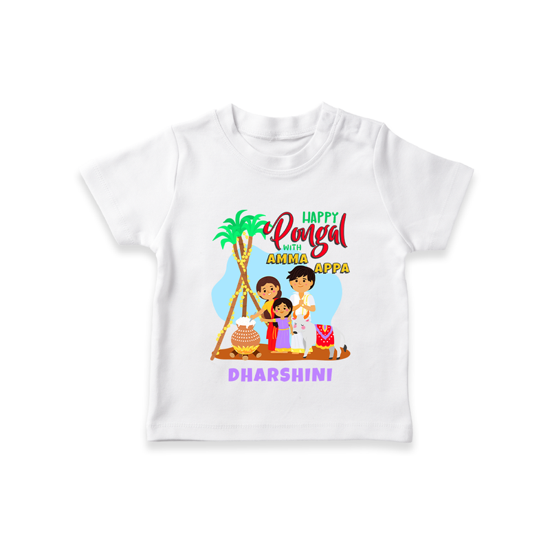 Happy Pongal With Amma Appa - Customized T-Shirt For Kids - WHITE - 0-5 Months Old (Chest 17")