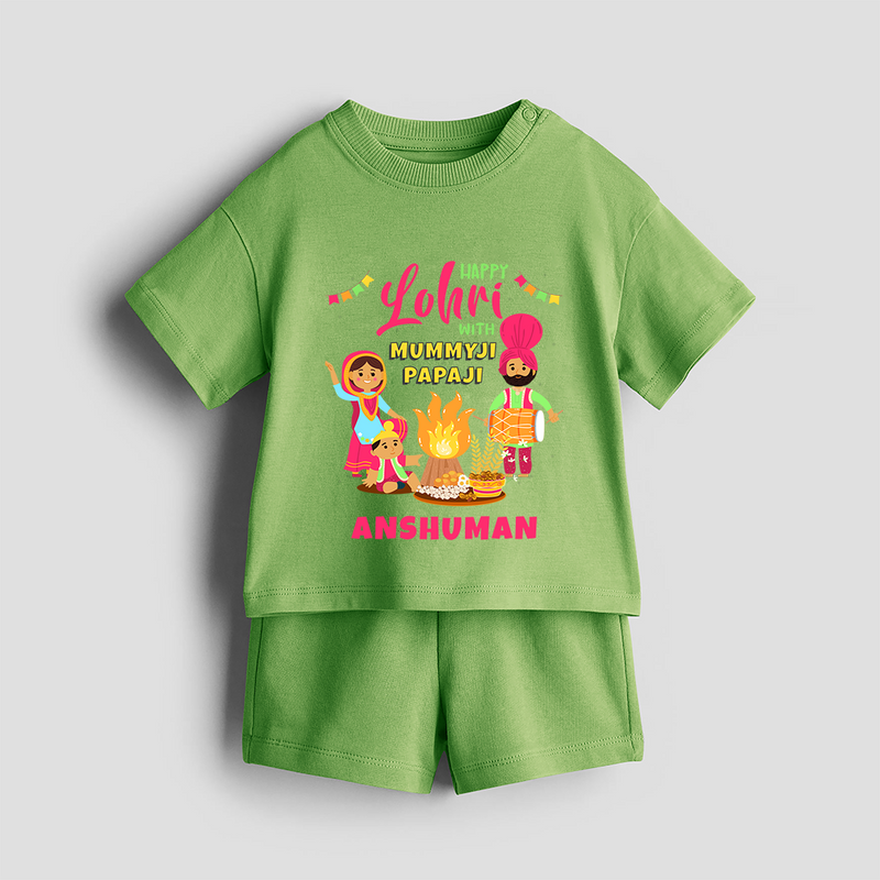 Happy Lohri With Mummyji Papaji   - Customized Co-ord Set For Kids - KIWI GREEN - 1-2 Years Old (Chest 22")