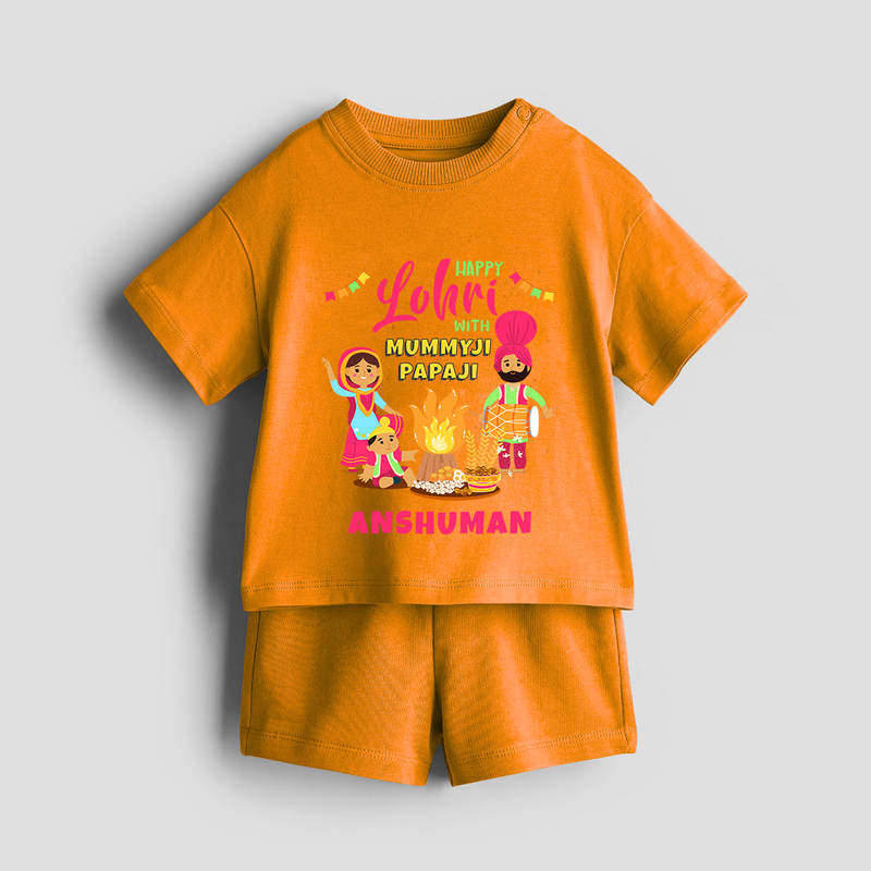 Happy Lohri With Mummyji Papaji   - Customized Co-ord Set For Kids - TANGERINE - 1-2 Years Old (Chest 22")