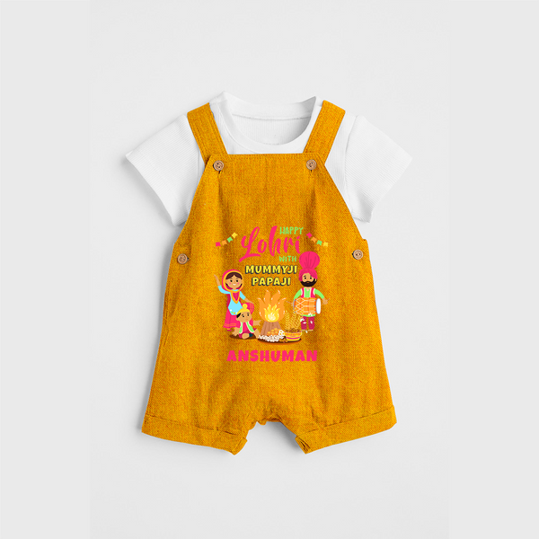 Happy Lohri With Mummyji Papaji   - Customized Dungaree Set For Kids - CHROME YELLOW - 0 - 5 Months Old (Chest 18")