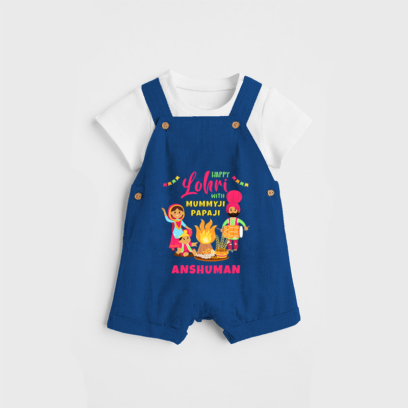 Happy Lohri With Mummyji Papaji   - Customized Dungaree Set For Kids - COBALT BLUE - 0 - 5 Months Old (Chest 18")